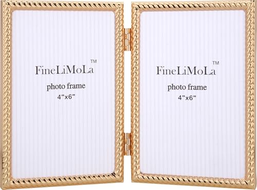 FineLiMoLa 4x6'' Double Frames,Gold Rope Design Metal Photo Frame with Velvet Backing and Real Glass Front,4x6'' hinged double Gold Photo Frame for Tabletop and Shelf Display