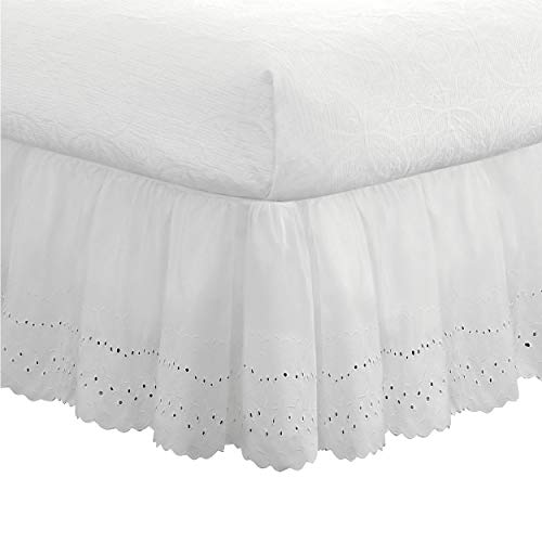 "FRESH IDEAS Ruffled Eyelet Bed Skirt Dust Ruffle with Gathered Styling and Embroidered Details, 18"" Drop Length, California King, White"