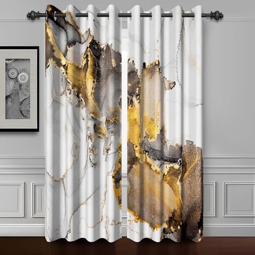 "Gray White Gold Marble Blackout Curtains 72 inches Long,2 Panels 46""Wx72""L - Room Darkening Window Curtains,Polyester Thermal Insulated Drapes,Grommet Window Drapes,for Bedroom Living Room Dining Room"