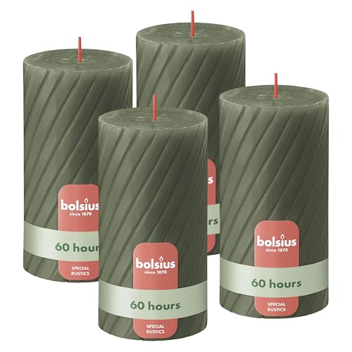 Bolsius Rustic Pillar Candles – Ribbed – Olive Green – Set of 4 – 13 cm – Decorative Household Candles – Made with Natural Plant-Based Wax – Palm Oil Free