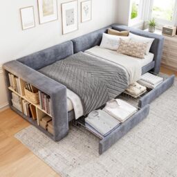 Ball & Cast Upholstered Bed, 3ft Single Bed 90x190cm, Daybed Sofa Bed, Side Storage Compartment, 2 Drawers on Wheels, For Adults, Teenagers, Easy Assembly, Velvet, Grey