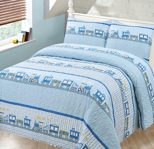 Kids Zone Collection Train Print Kids/Teens Bedding Set Blue Gingham Pattern Twin New # Choo Choo