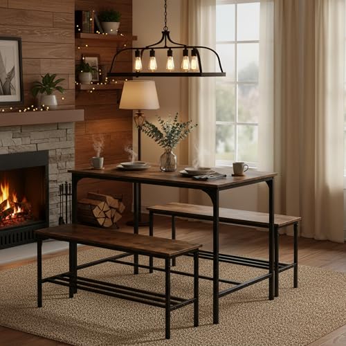 FurnitureR Dining Table with 2 Storage Benches, Industrial Dining Table Set with Wood-Effect Top and Metal Frame, Space Saving Table and Bench Set for Kitchen, Dining Room, Rustic Brown