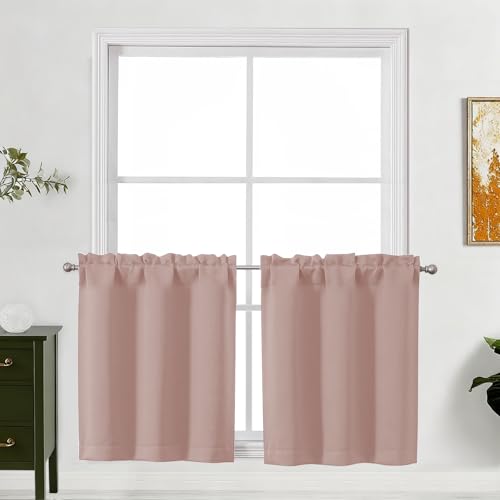 "Lecloud Blush Pink Kitchen Curtains 24 Inch Length 2 Pcs, Privacy Modern Room Darkening Curtain, Thermal Window Treatments Drapes Rod Pockets for Cafe Bedroom Cabinet Camper, Each Panel 30"" W x 24"" L"