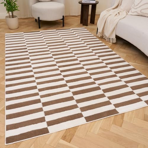 THE RUGS Living Room Rug, Loft Collection – Modern Textured 14mm Soft Pile Area Carpet, Non-Shedding & Easy Care [ Block Stripe Brown, 80x150 cm]