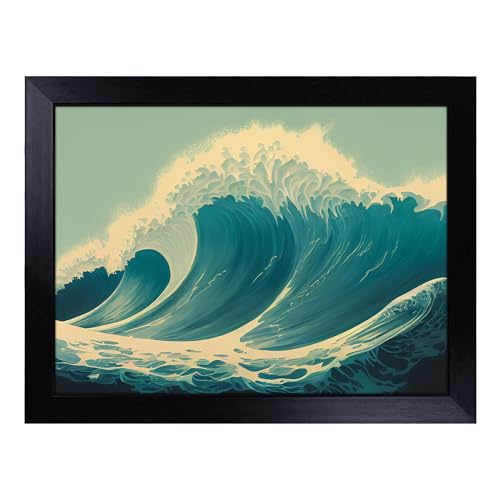 Lap Tray with Bean Bag Cushion, Awesome Ocean Wave - Handmade in the UK, Raised Wooden Edge, Padded Cushion, Heat-Resistant Wipe-Clean Surface, for Meals, Laptops and Crafts