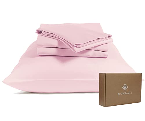 "BIOWEAVES 100% Organic Cotton Sheets, 300 Thread Count 4-Piece GOTS Certified Bed Sheet Set Fits Mattress Upto 17"" Deep Pocket, Soft & Silky Sateen Weave (Queen, Blush Pink)"