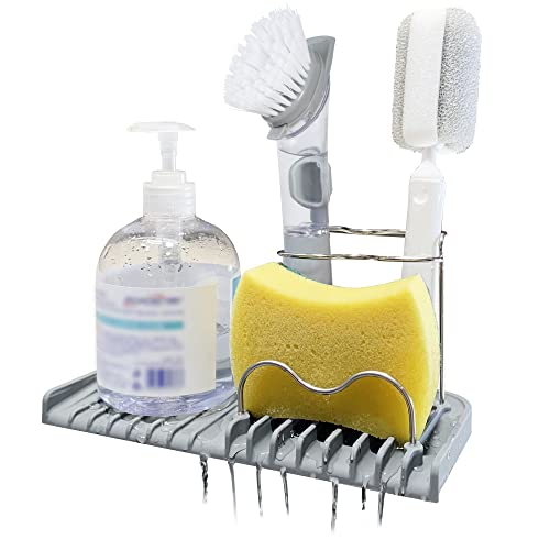 Gosmol sponge holder for kitchen sink caddy accessories gadgets, dish soap brush holder for kitchen sink organizer, soap tray holder Drainer Rack for bathroom on Countertop essentials Gray