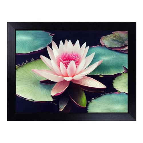 Lap Tray with Bean Bag Cushion, Watercolour Water Lily Flower - Handmade in the UK, Raised Wooden Edge, Padded Cushion, Heat-Resistant Wipe-Clean Surface, for Meals, Laptops and Crafts