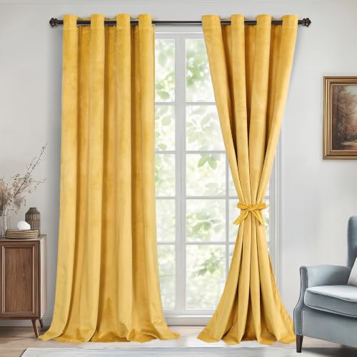 DWCN Velvet Curtains - 120 Inches Long Room Darkening Privacy Protect Window Treatments Thick Grommet Tieable Privacy Drapes for Bedroom Living Room Home Decor, Yellow, W52 x L120, 2 Panels