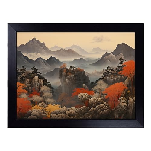 Lap Tray with Bean Bag Cushion, Japanese Mountains Landscape - Handmade in the UK, Raised Wooden Edge, Padded Cushion, Heat-Resistant Wipe-Clean Surface, for Meals, Laptops and Crafts