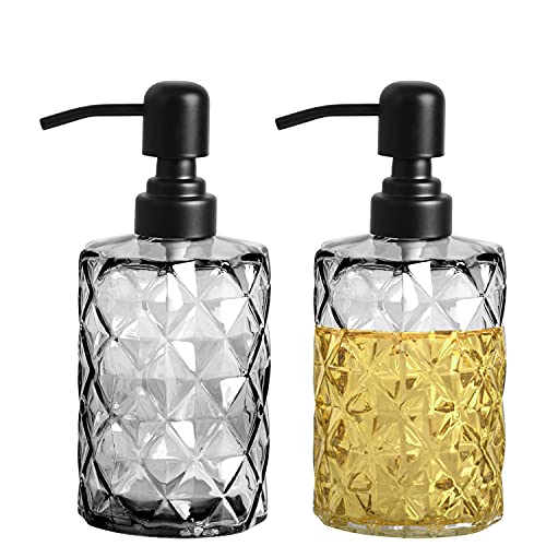 2 Pack Glass Soap Dispenser Bottle with 304 Stainless Steel Pump, Dveda 12 Oz Refillable Hand Soap Dispenser Bottle, Shampoo Lotion Jar Dispenser for Bathroom Countertop, Kitchen, Laundry Room, Gray