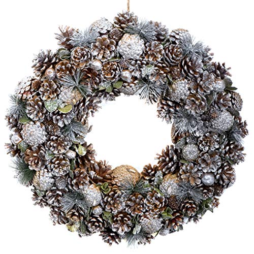 GreenBrokers Christmas Hanging Wreath 48cm- Festive Silver Display with Pine Cones