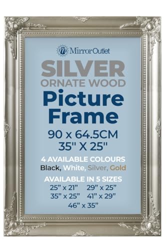 "MirrorOutlet The Antiquitus - Ornate Swept Silver Picture Frame 35"" X 25"" (90CM X 64.5CM) Wooden Frame with Glass and Backing Board Fitted. Ready To Fit Your Picture!"