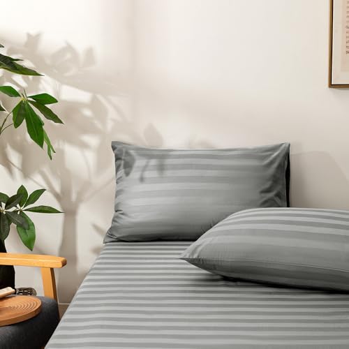 NookZuzu Twin Cotton Stripe Fitted Sheet & Pillowcase Set,2 Piece,Gray - Organic Cotton,Deep Pocket,NO Flat Sheet Included,Soft and Cooling,Including 1 Twin Gray Fitted Sheet & 1 Pillowcase