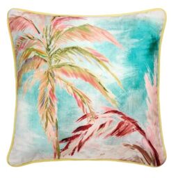 Appletree Tropical Palm Leaves Velvet Cushion with Insert – 55x55cm Large Decorative Throw Pillow – Soft Touch Fabric – Yellow Piped Edge – Multi-Colour Tropical Cushion – Cover & Filling Included