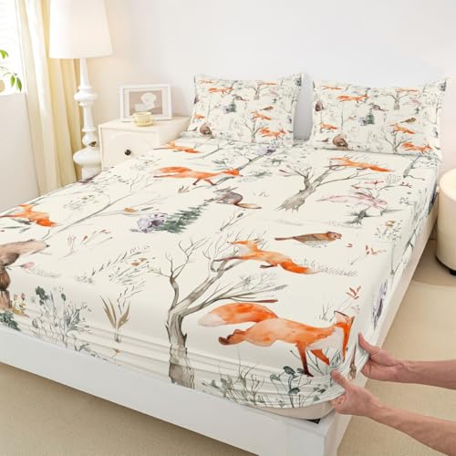 Kids Cute Animals Fitted Sheet Full Size Cartoon Bear Fox and Rabbit Bedding Set 3Pcs for Girls Boys Adult Room Decor Foggy Tree Jungle Plants Bed Sheet Hunt Adventure Deep Packet Sheet,Beige