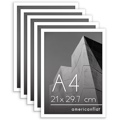 Americanflat A4 Picture Frame with Shatter-Resistant Glass - Set of 5 - Streamline Collection - Thin Border Photo Frame with Hanging Hardware and Easel for Tabletop and Wall Display - White