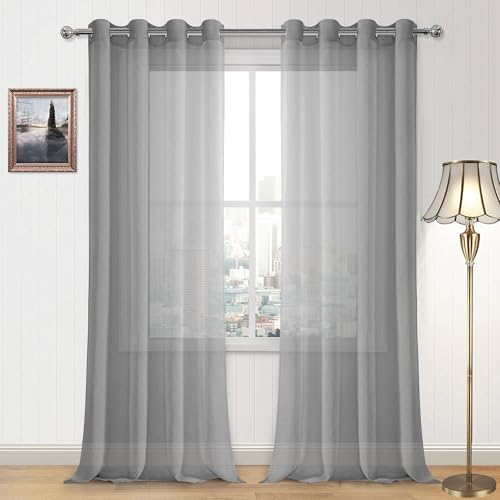 DWCN Sheer Curtains Grey Faux Linen Grommet Curtain for Bedroom 52x 90 Inches Long Set of 2 Panels,1 Pair Window Drapes for Living Room