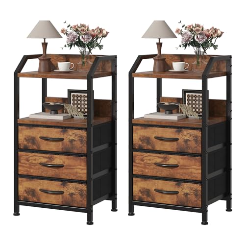Feonase Set of 2 Bedside Table with 3 Fabric Drawers & Shelf, Nightstand for Bedroom, Living Room, Small Spaces – Metal Frame & Wooden Top, Sofa End Table with Storage for Home Décor, Rustic Brown