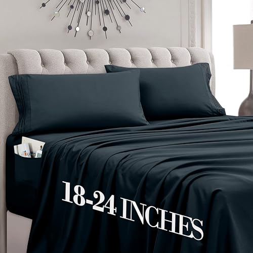 Mocassi Twin Size 4-Piece Bed Sheet Set - 1800 Premium Hotel Quality Microfiber 18-24 Inches Extra Deep Pocket Fitted Sheet- Luxury Soft, Breathable, Wrinkle, and Fade Resistant, Black