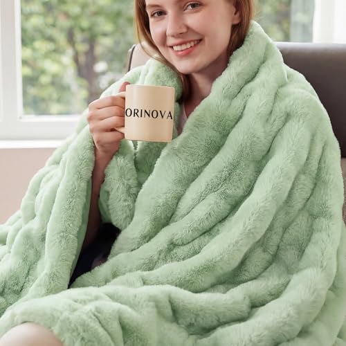 "ORINOVA Sage Green Fluffy Throw Blanket for Couch Sofa Living Room 50""x60"" Faux Fur Soft Cozy Housewarming Decor Gift 860GSM"