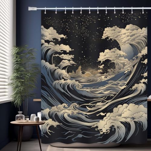 DLTAY Great Waves Anime Shower Curtain, 72x72 in - Japanese Theme, Great Waves Pattern Design, Masculine Bathroom Decor, Waterproof Polyester Fabric, Plastic Hooks