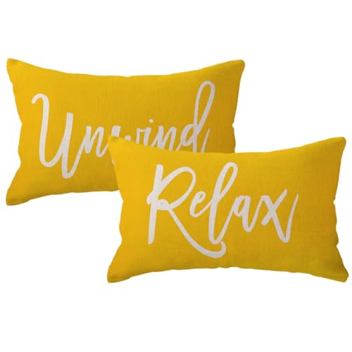Relax&Unwind Throw Pillow Covers 12x20 Farmhouse Spring Summer Decorative Lumbar Pillowcases Porch Patio Cushion Covers 2Pack for Bedroom Living Room Sofa Couch Home Decor (Yellow)