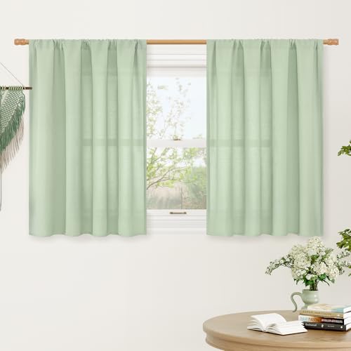 LAMIT 36 Inch Length Short Linen Curtains for Kitchen/Windows, Faux Linen Textured Light Filtering Drapes Rod Pocket Boho Privacy Curtains for Farmhouse, 2 Panels, 42 x 36 Inch, Light Green