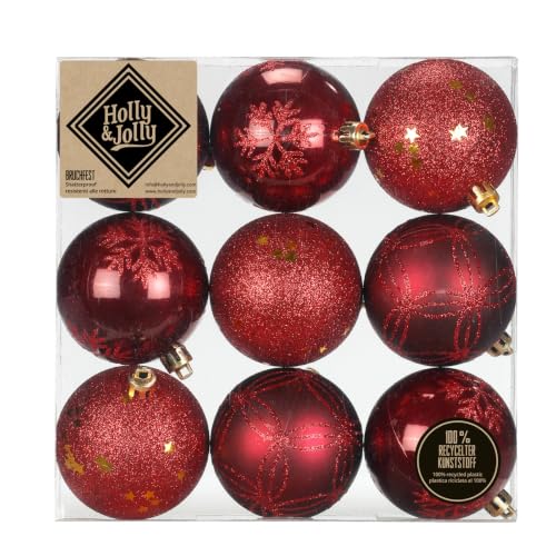 Holly & Jolly Decorated Christmas Baubles Morello Cherry Pack of 9 - Plastic Christmas tree baubles, approx. 6 cm, Christmas tree decoration in dark red, glittered, Christmas decoration for