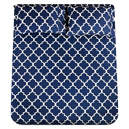 Mejoroom Full Bed Sheet Set - Super Soft Brushed Microfiber 1800 Thread Count Sheets with 16 inch Deep Pocket - Wrinkle Free - 4 Piece(Full, Navy Quatrefoil with White Pattern)