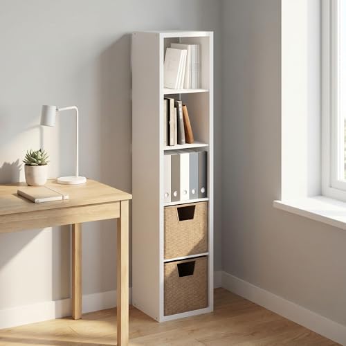 Furinno CUBICLE 5-Cube Vertical Thick Frame Bookshelf, Horizontally & Vertically Reversible Bookcase with Open Back, 37.08 x 40.39 x 182.88 cm, for Living Room, Bedroom, Home Office, Plain White