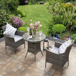 RayGar 3pcs Rattan Garden Furniture Bistro Set Chair Coffee Table Patio Outdoor 2 Seater - Grey