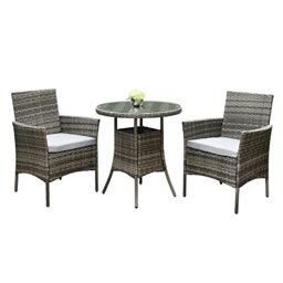 RayGar 3pcs Rattan Garden Furniture Bistro Set Chair Coffee Table Patio Outdoor 2 Seater - Grey