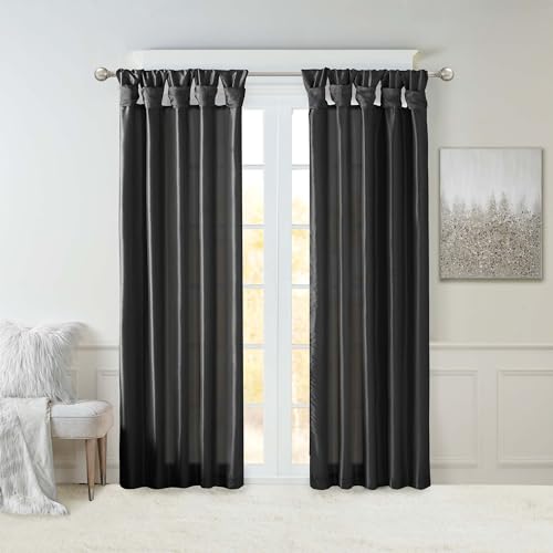"Madison Park Emilia Faux Silk Single Curtain with Privacy Lining, DIY Twist Tab Top, Window Drape for Living Room, Bedroom and Dorm, 84"" L x 50"" W, Black"