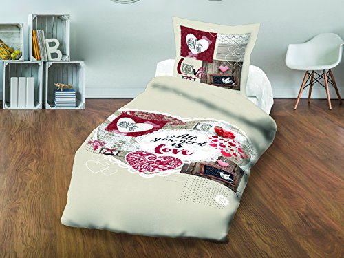 Soleil d'ocre WINTER HEART cotton duvet cover set, 57 tc/cm, 140 x 200 cm