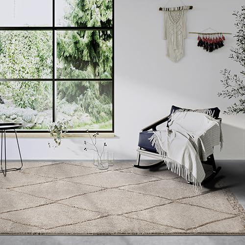 Elle Decor ation High Pile Perrotin Rug, Modern Living Room Rug, Long Pile Shaggy, Modern Pattern, Fluffy Soft Boho for Living Room, Bedroom - Beige, 80 x 120 cm