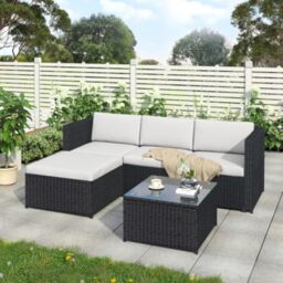 Ball & Cast Corner Sofa Furniture, 4-Seater All-Weather Rattan Corner Sofa Set w/Tempered Glass Coffee Table,Ottoman - L-Shaped Patio Garden Furniture (Black Rattan+Black Cushion)
