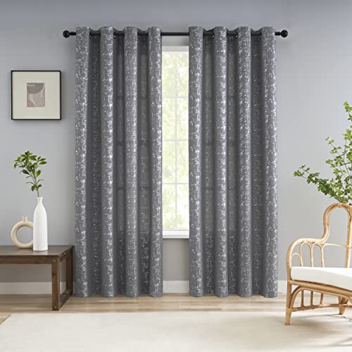 "Taisier Home Silver Foil Print Linen Textured Curtains Geometric Dots Pattern Design Curtains for Bedroom Living Room Thermal Insulated Window Treatment 2 Panels 108"" L,Soft Grey and Silver Curtain"