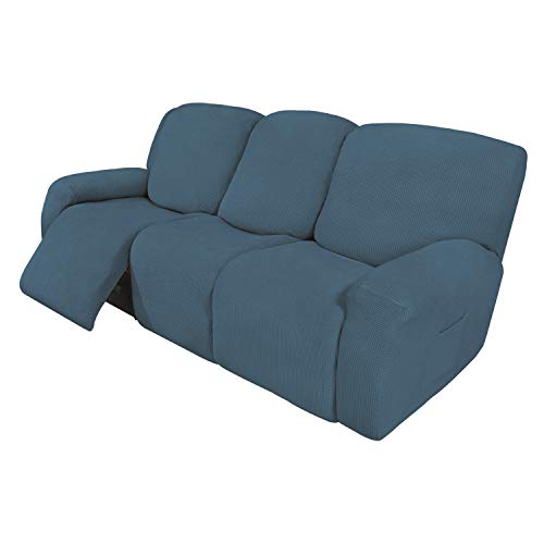 Easy-Going 8 Pieces Recliner Sofa Stretch Sofa Slipcover Sofa Cover Furniture Protector Couch Soft with Elastic Bottom Kids, Spandex Jacquard Fabric Small Checks Bluestone