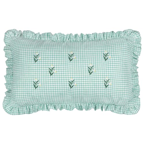 furn. Les Petite Fleurs Cushion Cover – Embroidered Floral Ruffle Trim Gingham Decorative Case (Spring Green – 30x50cm)