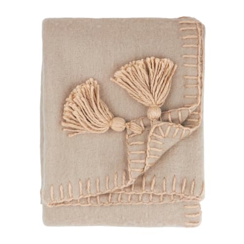 furn. Lowen Throw (Natural - 130x170cm) - Brushed Stitch Edge Jumbo Tassels Soft Cosy Wool Blend Blanket