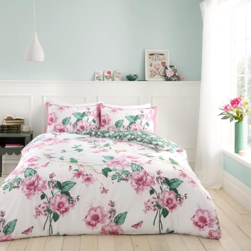 GC GAVENO CAVAILIA Floral Duvet Cover King Size (230x220cm) - Polycotton Duvet Set 3 Piece Bedding Bed Cover with Pillowcase - Washable Linen - Pink/Green