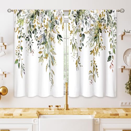 oolygoo Green Gold Eucalyptus Botanical Leaves Floral Small Kitchen Curtains Flower Window Treatment Wildflower Plant Cafe Short Window Curtains for Bathroom Room Tier Treatment Drapes 26x36 inch
