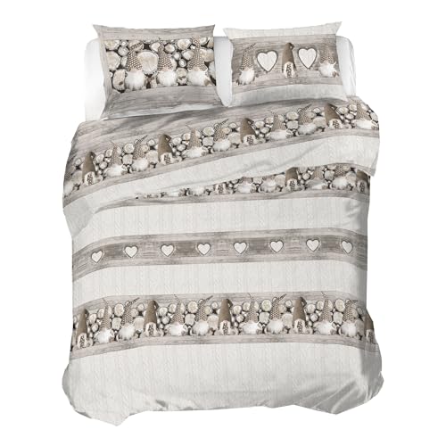 PENSIERI DELICATI 100% Cotton Flannel Double Duvet Cover Set, 250 x 200 cm Bag and Pillowcase 52 x 82 cm, Made in Italy, Machine Washable at 40 Degrees, Beige Gnome Pattern
