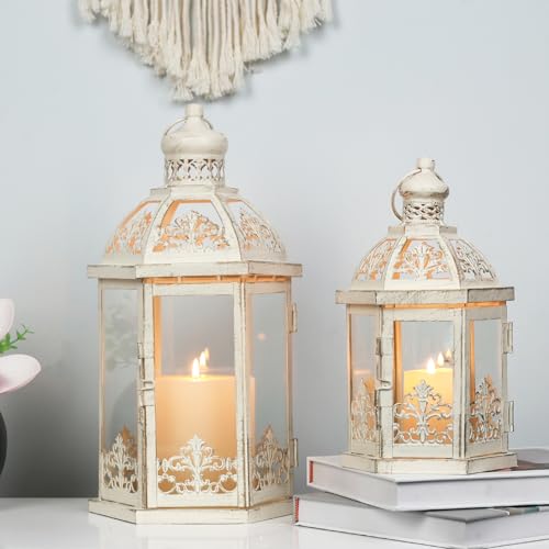 "Lanterns Decorative Outdoor&Indoor, Set of 2 (14""&10"") Beige Metal Lantern Decor with Glass, Candle Holder for Porch, Patio, Garden, Balcony, Wedding, Christmas, Table Centerpiece"