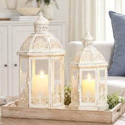 "Lanterns Decorative Outdoor&Indoor, Set of 2 (14""&10"") Beige Metal Lantern Decor with Glass, Candle Holder for Porch, Patio, Garden, Balcony, Wedding, Christmas, Table Centerpiece"
