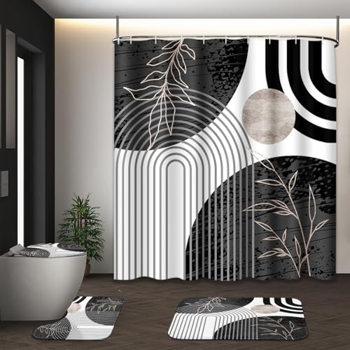 Tayney Black and Grey Boho Mid Century Shower Curtain Set with Toilet Lid Cover and Non-Slip Rugs, Abstract Geometric 4 Pcs Modern Minimalist Vintage Shower Curtain for Bathroom Set with 12 Hooks