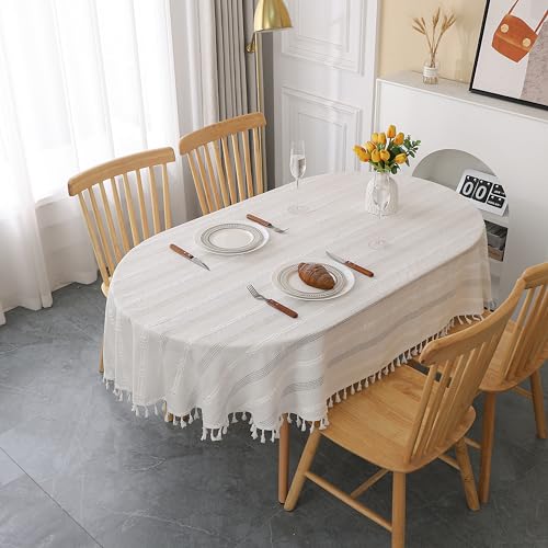 Gernaice Rustic Stripe Embroidered Oval Tablecloth Heavy Tassel Cotton Linen Table Cloth Wrinkle Free Washable Table Cover for Kitchen Dinning Party Holiday White 60x120 Inch