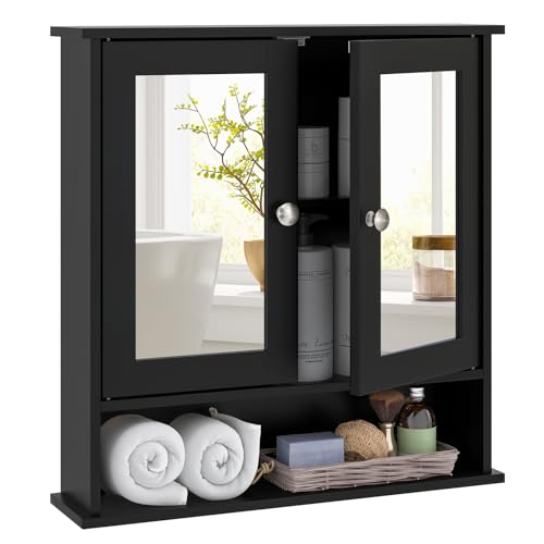 CASART Bathroom Mirror Cabinet, Wall Mounted Storage Cupboard with Double Doors and Adjustable Shelf, Wooden Display Organiser Unit for Kitchen Living Room (Black)